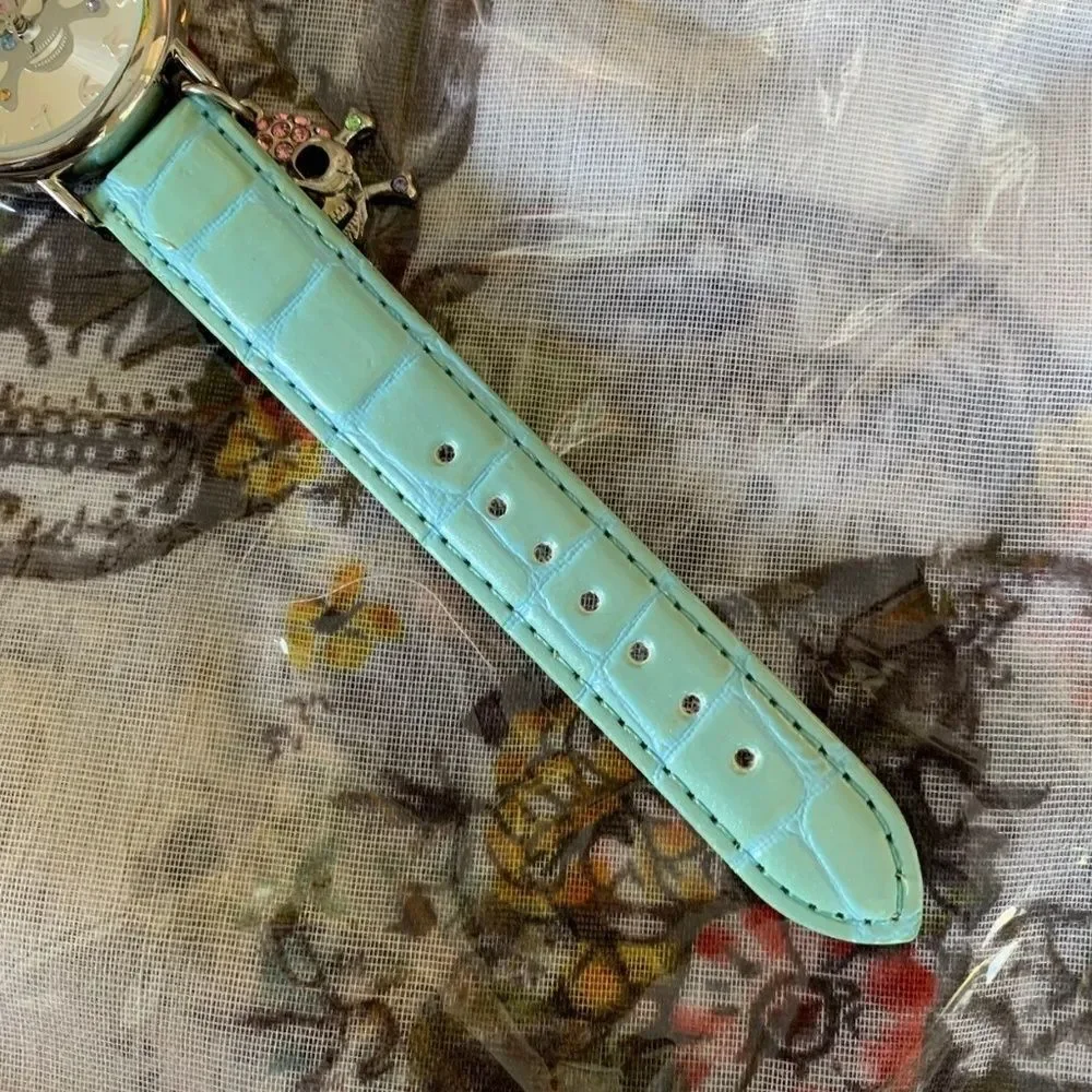 NEW Skull Charm Watch Mint Band Bling Pink Blue Stones Goth‎ Punk Emo Grunge